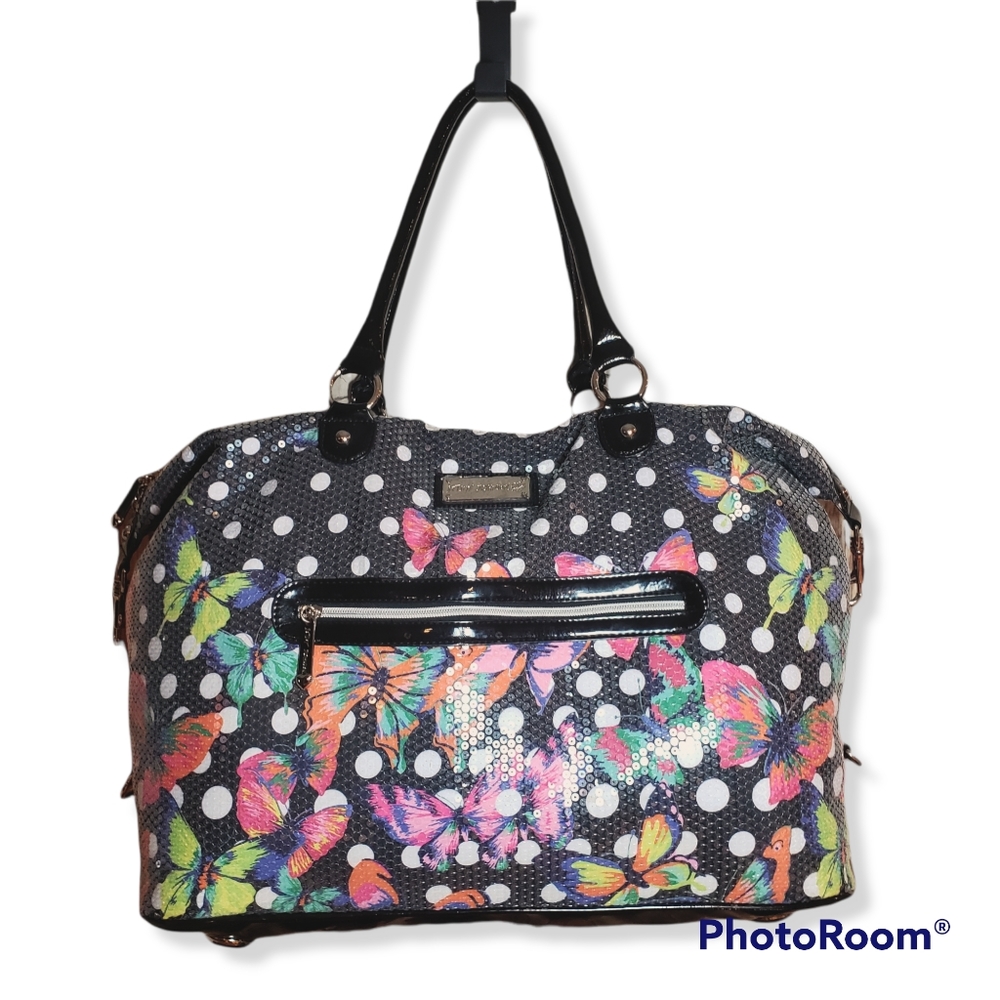 Betsy Johnson extra large sequined overnight travel satchel bag